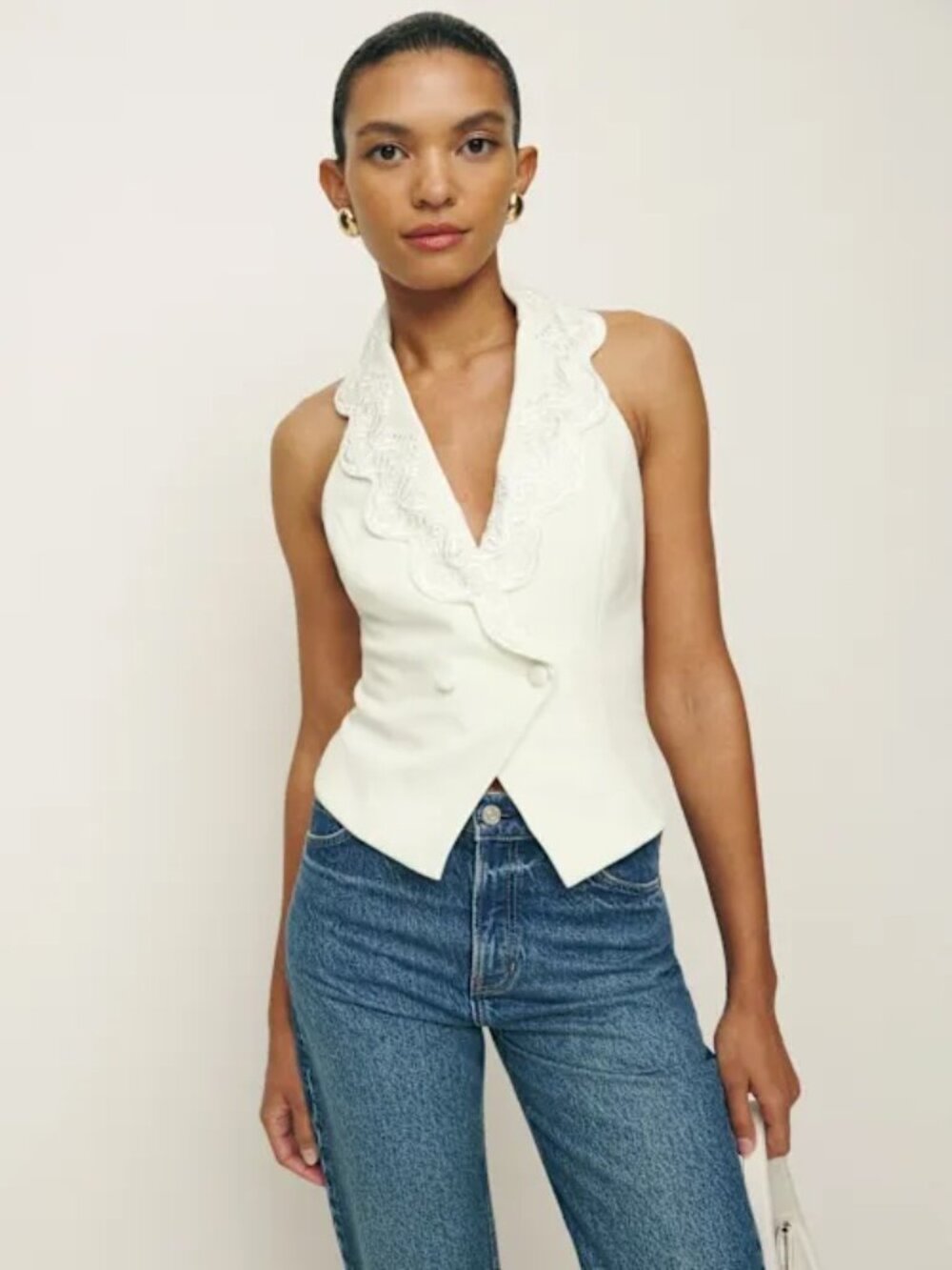 Reformation - Primrose Vest Ivory with Embroidered Scalloped Collar / 2 - Picture 7 of 7